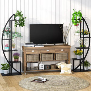 Set of 2 - Symmetrical Modern Black Metal Wood 10-Shelf Plant Stand