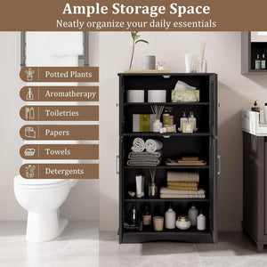 Black Bathroom Towel Linen Cabinet with Glass Doors and Storage Shelves