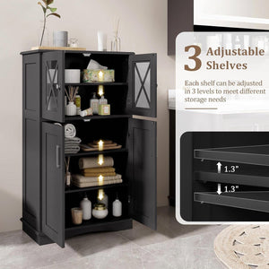 Black Bathroom Towel Linen Cabinet with Glass Doors and Storage Shelves