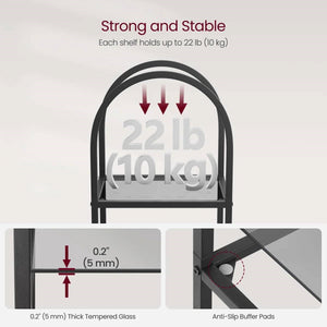 Arched Top Black Metal Display Rack Narrow Bookcase with 5 Glass Storage Shelves
