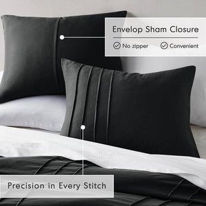 Full/Queen size Pre-Washed Pleated Microfiber Comforter Set in Black