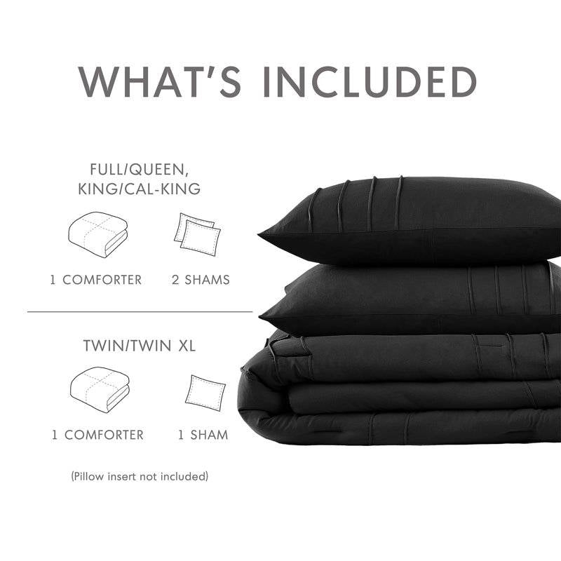 Full/Queen size Pre-Washed Pleated Microfiber Comforter Set in Black