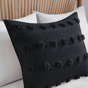 Full/Queen 3 Piece Pompom Microfiber Hypoallergenic Comforter Set in Black