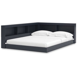 Twin size Blue Wooden Corner Storage Bed with Bookcase Headboard and USB Ports