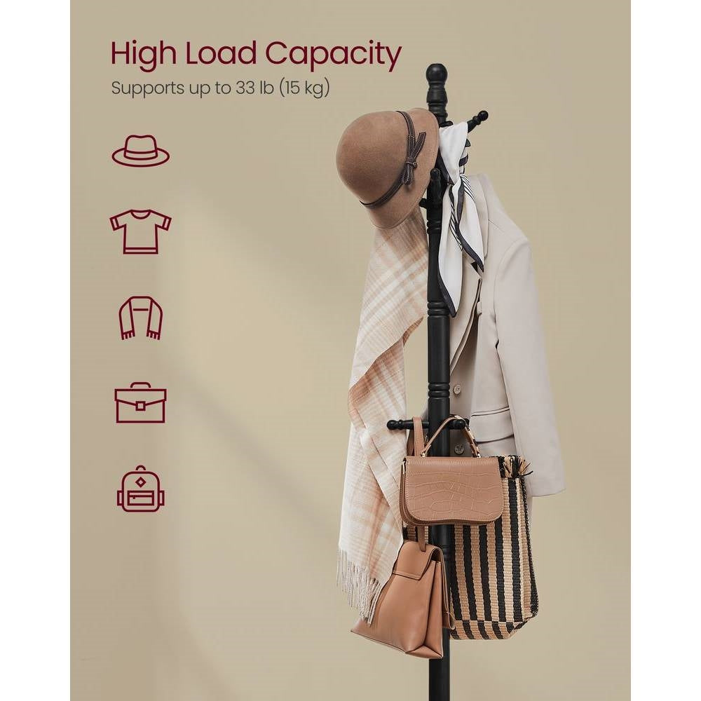 Solid Wood Coat Rack with 10 Hooks in Black Finish