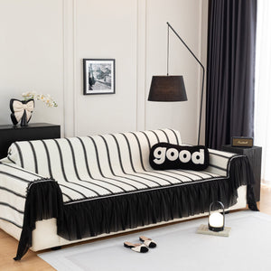 Leaf Stripe Sofa Cover with Black Sheer Skirt, Boho Soft Couch Slipcover for Pets