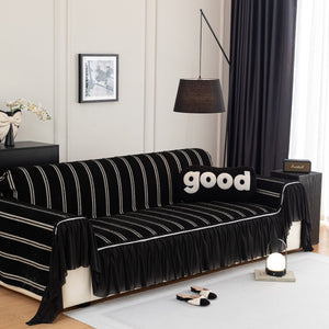 Leaf Stripe Sofa Cover with Black Sheer Skirt, Boho Soft Couch Slipcover for Pets