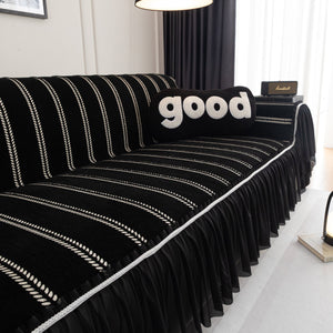 Leaf Stripe Sofa Cover with Black Sheer Skirt, Boho Soft Couch Slipcover for Pets