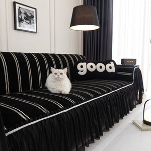 Leaf Stripe Sofa Cover with Black Sheer Skirt, Boho Soft Couch Slipcover for Pets