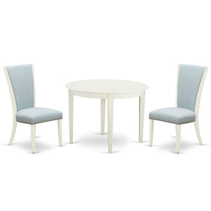 EAST WEST FURNITURE - BOVE3-WHI-15 - 3 Piece Dining Table Set - 2 Baby Blue Linen Fabric Kitchen Chairs with High Back and 1 Modern Rectangular Dining Table - linen white Finish