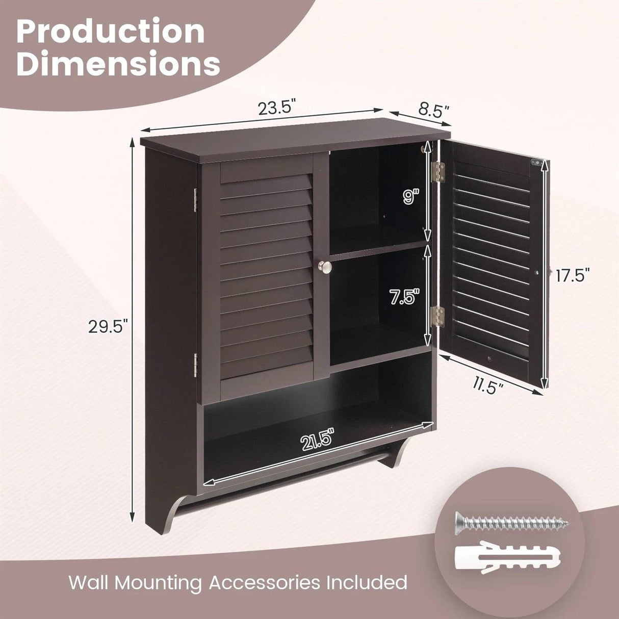 Brown Wall-Mounted Bathroom Medicine Cabinet with Louver Doors and Towel Bar