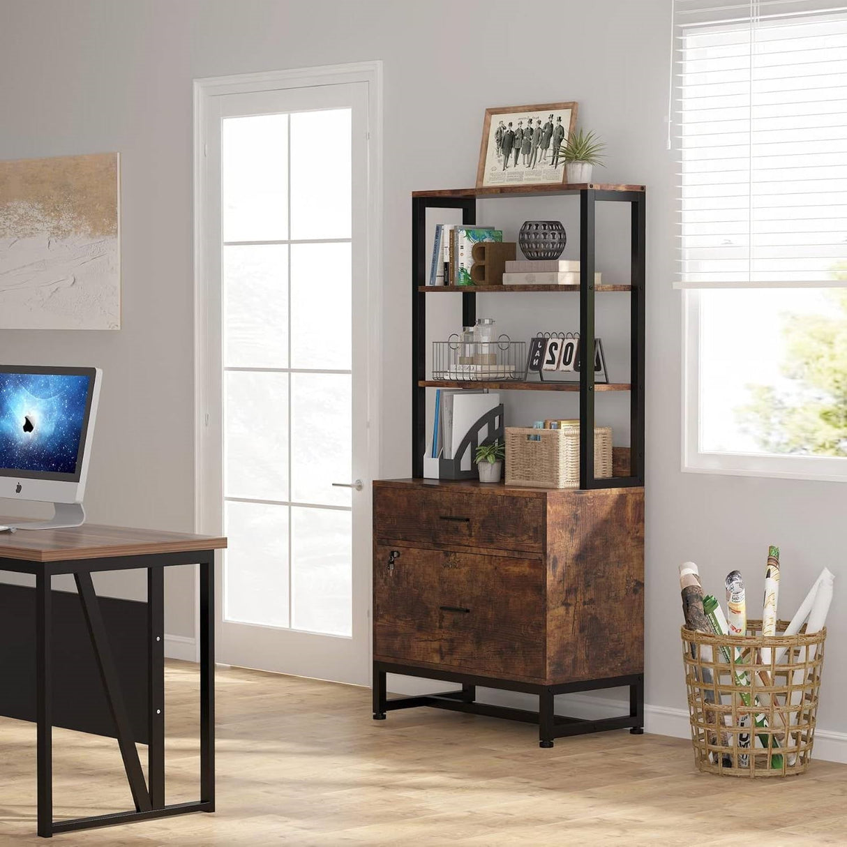 Home Office Lockable 2 Drawer Filing Cabinet Bookshelf in Brown Wood Finish