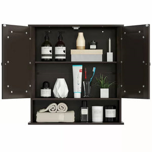 Brown Wooden Bathroom Wall / Medicine Cabinet with Mirrored Doors and Shelf