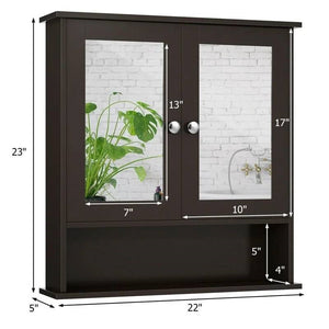 Brown Wooden Bathroom Wall / Medicine Cabinet with Mirrored Doors and Shelf