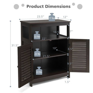 Brown Farmhouse Bathroom Linen Cabinet with Louvered Doors and Open Shelf