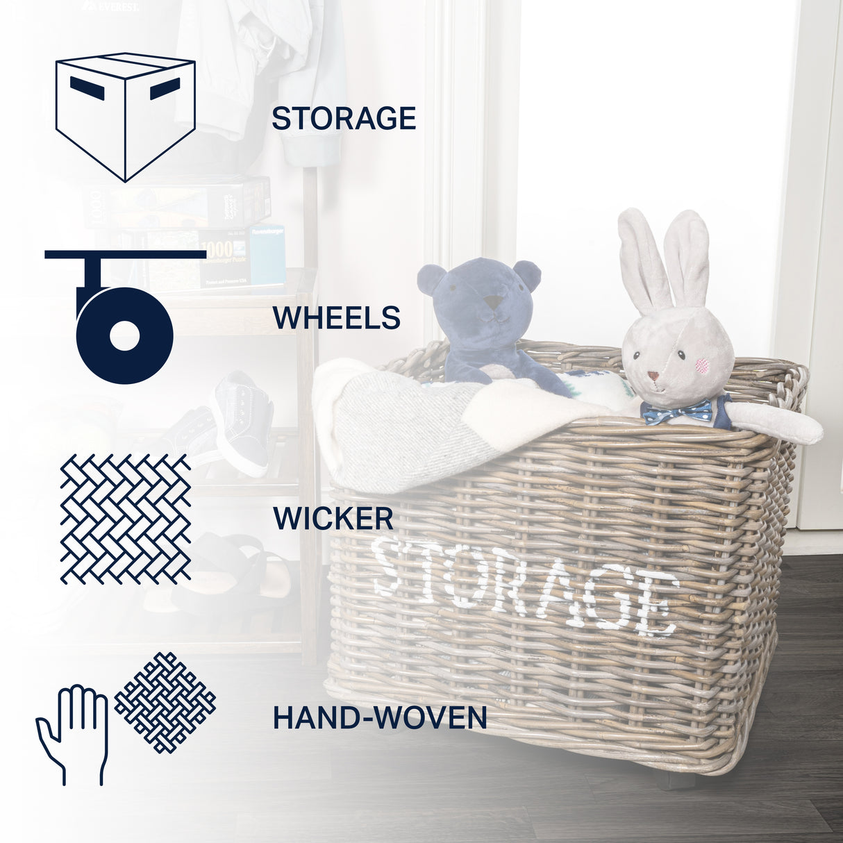 Yael TORAGE" Rattan Basket with Wheels and Handles
