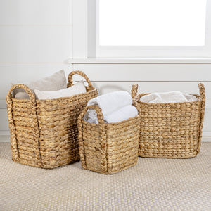 Clara Farmhouse Classic Handwoven Hyacinth Rectangle Storage Floor Baskets with Handles (Set of 3)