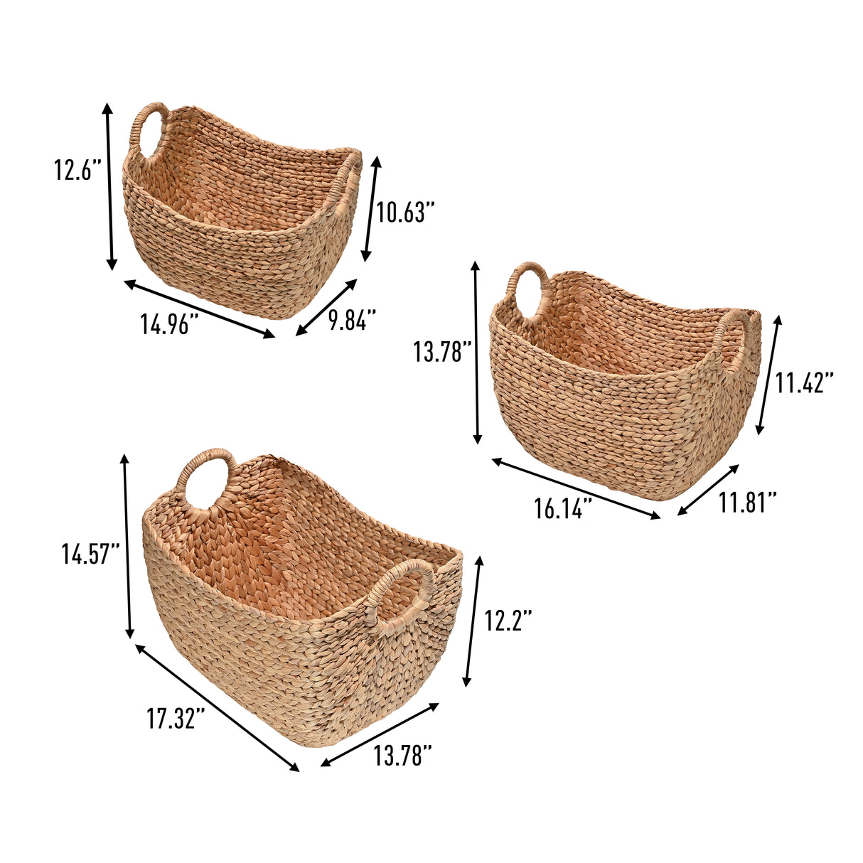 Nellie Farmhouse Classic Handwoven Hyacinth Storage Boat Baskets with Handles (Set of 3)