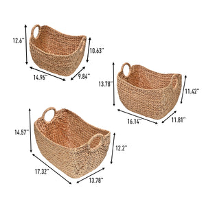 Nellie Farmhouse Classic Handwoven Hyacinth Storage Boat Baskets with Handles (Set of 3)