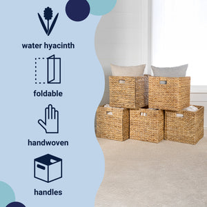Bryce Classic Farmhouse Handwoven Hyacinth Collapsible Storage Cube Baskets with Handles (Set of 5)