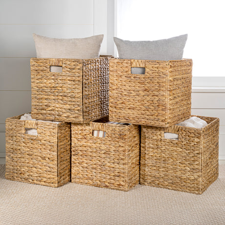 Bryce Classic Farmhouse Handwoven Hyacinth Collapsible Storage Cube Baskets with Handles (Set of 5)