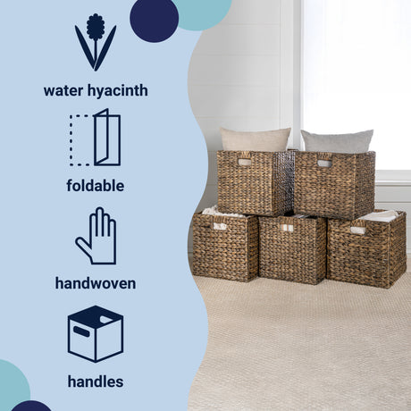 Bryce Classic Farmhouse Handwoven Hyacinth Collapsible Storage Cube Baskets with Handles (Set of 5)