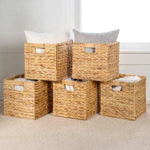 Bryce Classic Farmhouse Handwoven Hyacinth Collapsible Storage Cube Baskets with Handles (Set of 5)