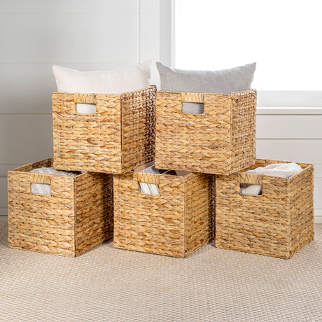 Bryce Classic Farmhouse Handwoven Hyacinth Collapsible Storage Cube Baskets with Handles (Set of 5)