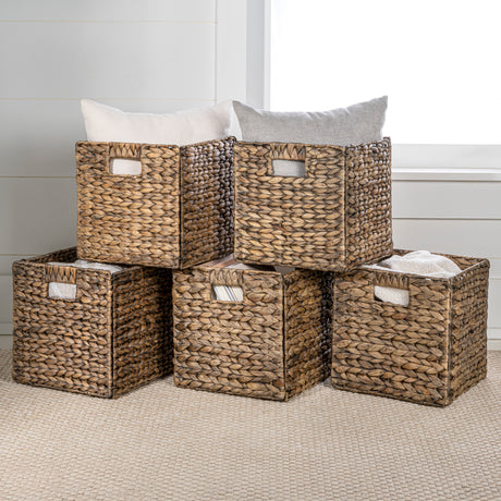 Bryce Classic Farmhouse Handwoven Hyacinth Collapsible Storage Cube Baskets with Handles (Set of 5)