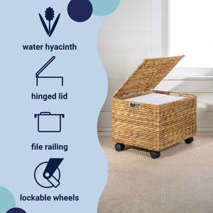 Ashton Classic Farmhouse Handwoven Hyacinth Rolling Filing Basket with Lid and 360 Degree Lockable Wheels