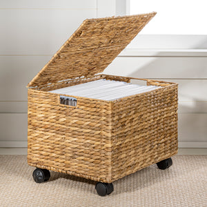 Ashton Classic Farmhouse Handwoven Hyacinth Rolling Filing Basket with Lid and 360 Degree Lockable Wheels