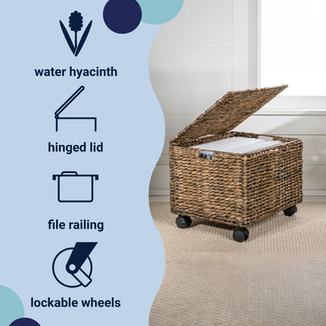 Ashton Classic Farmhouse Handwoven Hyacinth Rolling Filing Basket with Lid and 360 Degree Lockable Wheels