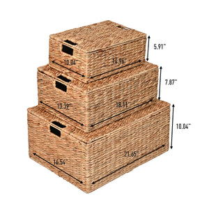 Brooks Classic Farmhouse Woven Hyacinth Rectangular Storage Baskets with Lids and Handles (Set of 3)