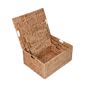 Brooks Classic Farmhouse Woven Hyacinth Rectangular Storage Baskets with Lids and Handles (Set of 3)