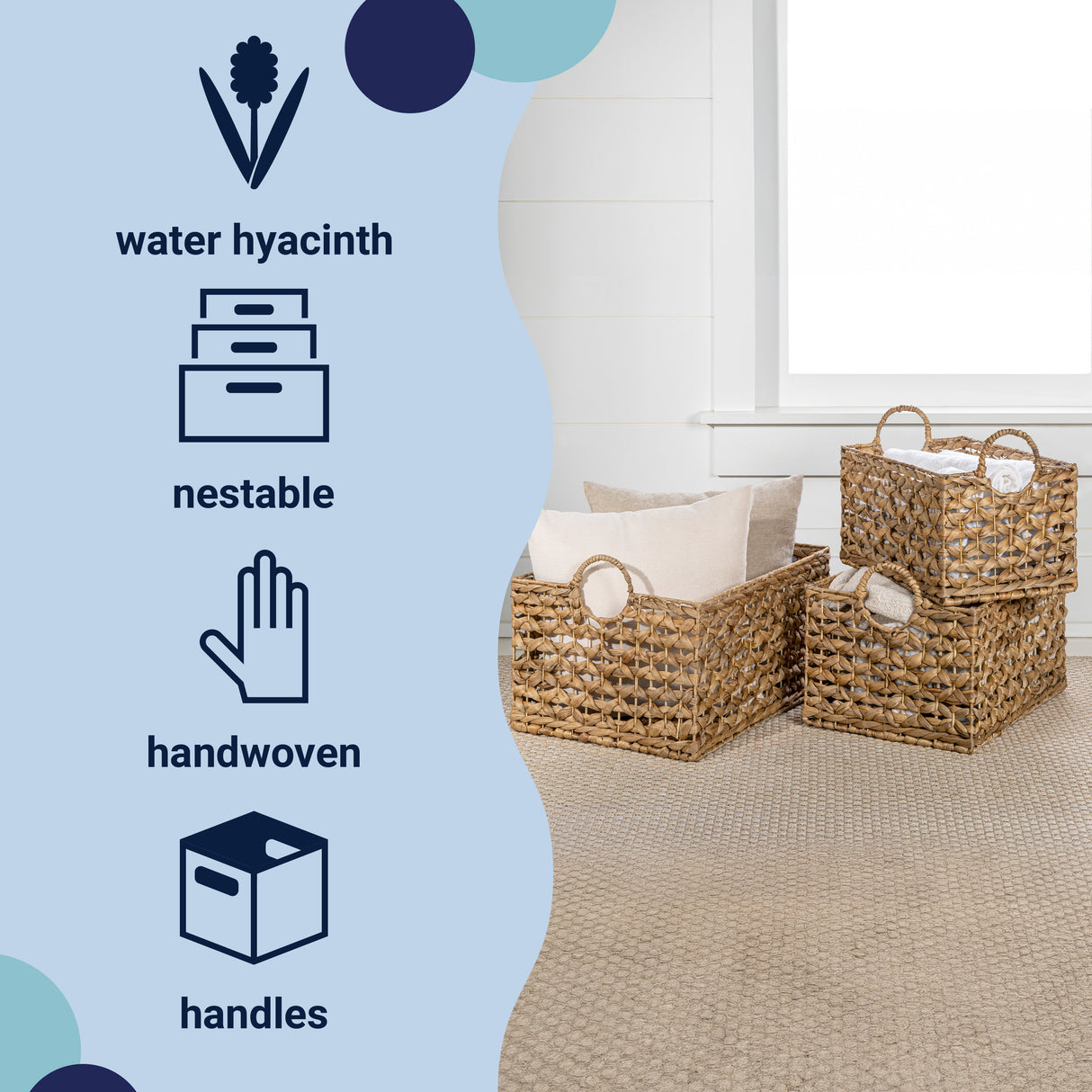 Quinn Bohemian Cottage Woven Hyacinth Rectangular Storage Baskets with Handles (Set of 3)