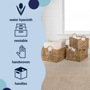 Quinn Bohemian Cottage Woven Hyacinth Rectangular Storage Baskets with Handles (Set of 3)