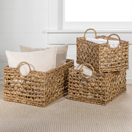 Quinn Bohemian Cottage Woven Hyacinth Rectangular Storage Baskets with Handles (Set of 3)