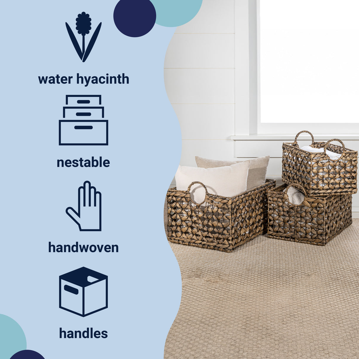Quinn Bohemian Cottage Woven Hyacinth Rectangular Storage Baskets with Handles (Set of 3)