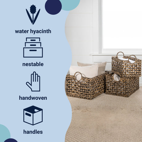 Quinn Bohemian Cottage Woven Hyacinth Rectangular Storage Baskets with Handles (Set of 3)