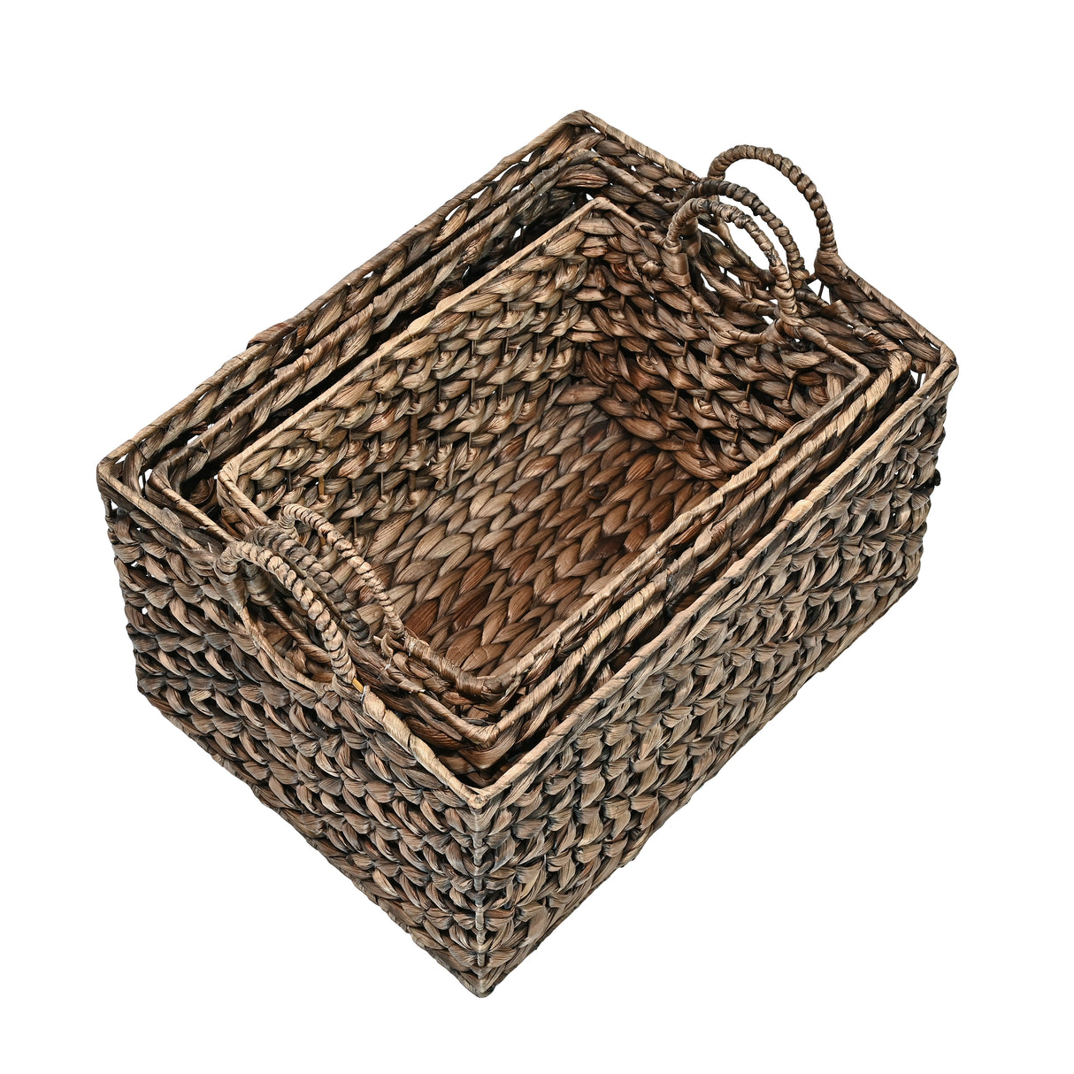 Quinn Bohemian Cottage Woven Hyacinth Rectangular Storage Baskets with Handles (Set of 3)