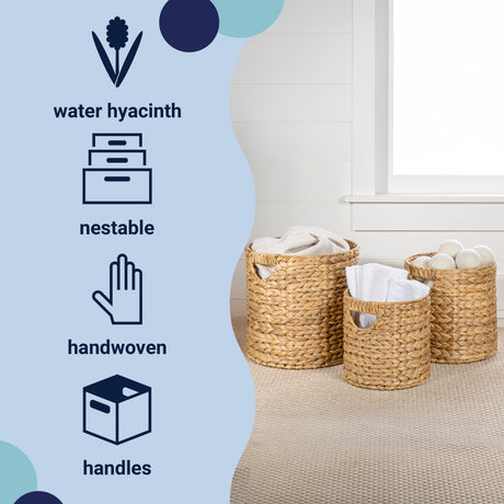 Avery Bohemian Cottage Handwoven Hyacinth Cylinder Nesting Baskets with Handles (Set of 3)