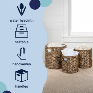 Avery Bohemian Cottage Handwoven Hyacinth Cylinder Nesting Baskets with Handles (Set of 3)
