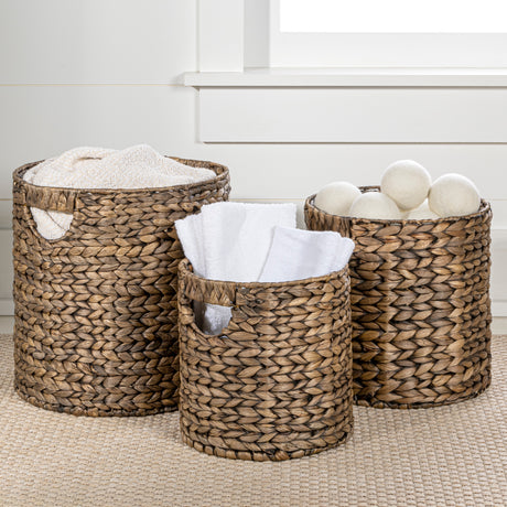 Avery Bohemian Cottage Handwoven Hyacinth Cylinder Nesting Baskets with Handles (Set of 3)