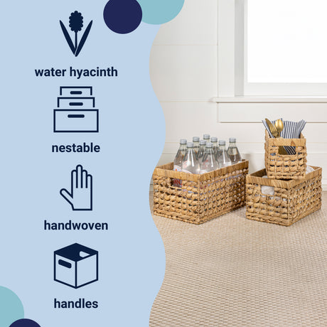 Hayden Bohemian Cottage Handwoven Hyacinth Rectangular Nesting Baskets with Handles (Set of 3)