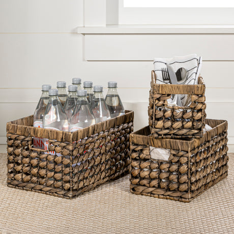 Hayden Bohemian Cottage Handwoven Hyacinth Rectangular Nesting Baskets with Handles (Set of 3)