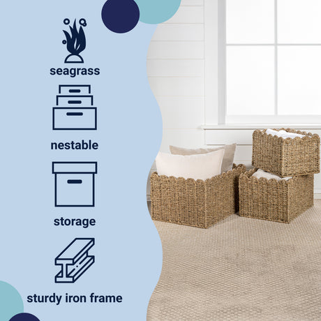 Arden Coastal Cottage Seagrass Scalloped Rectangular Organizing Storage Baskets (Set of 3)