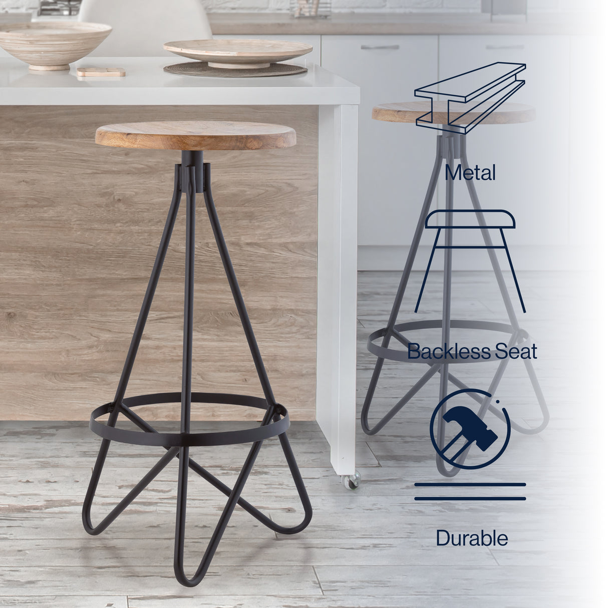 Spiroa Modern Industrial Metal/Wood Backless Circular Bar Stool