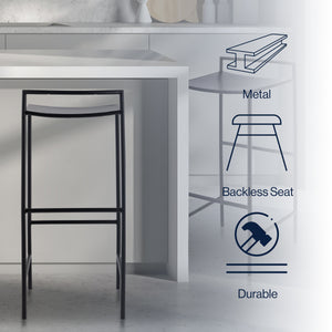 Svelte Coastal Contemporary Iron Saddle-Seat Low-Back Bar Stool with Foot Rest