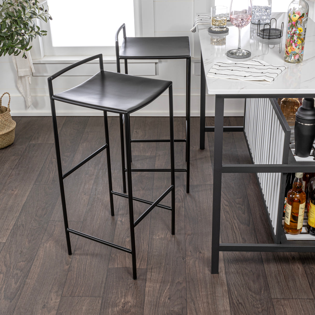 Svelte Coastal Contemporary Iron Saddle-Seat Low-Back Bar Stool with Foot Rest