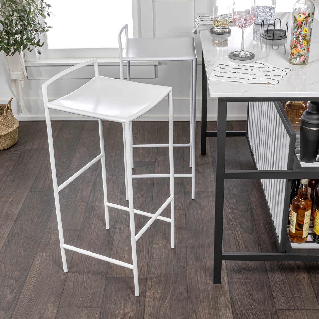 Svelte Coastal Contemporary Iron Saddle-Seat Low-Back Bar Stool with Foot Rest